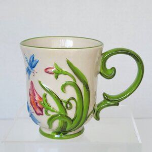 Temptations Embossed Dragonfly Coffee Cups Cream Green Floral Stoneware Mug 12oz
